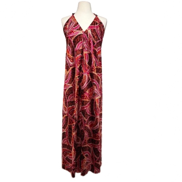 NEW YORK & COMPANY Maxi Dress Halter Neck Slip Pink Abstract Print Medium - Picture 1 of 7